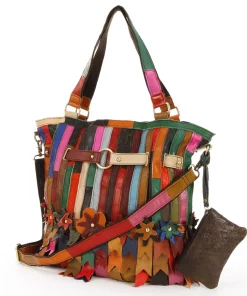 AmeriLeather Kylie Leather Striped & Floral Patchwork Convertible Shoulder Bag